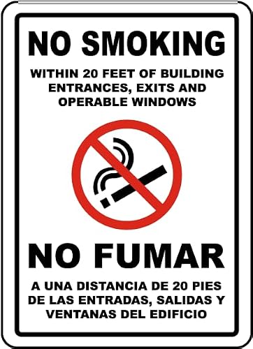 Bilingual No Smoking Within 20 Feet Facility Signs Metal Tin 8 x 12 Inch for Home or Work