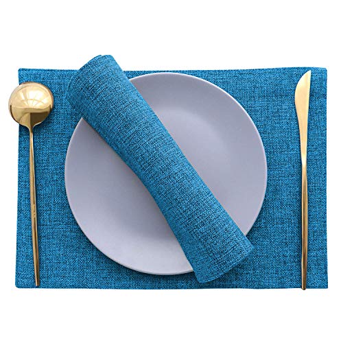 Khooti Two-Sided Washable PolyJute Placemats / Tablemats SET OF 4 Heat Resistant Dining Table Place Mats for Kitchen Coffee Table Wedding Party, 12 x 18 inches, (Bondi Blue)