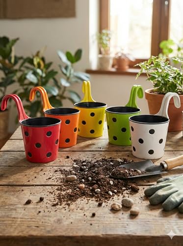 Image of Premium Polka Dot Hook Planter with Inner Pot | Sturdy Plastic Hanging Pots for Balcony Railings | Indoor & Outdoor Gardening (5 Pot, Multicolour)