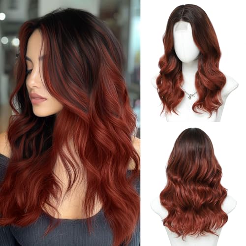 Niceone Hair Ombre Auburn Wave Wigs for Women 18 Inch Medium Length Wigs Middle Part Curly Wavy Wig Natural Looking Synthetic Heat Resistant Fiber Wig for Daily Party Use(Ombre Auburn