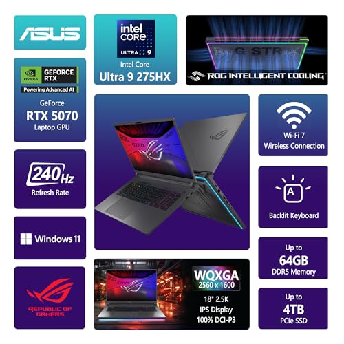 Image of ASUS ROG Strix G18 G815 Gaming AI Laptop | 18 inch 2.5k IPS 240Hz (100% DCI-P3, 500nits) | Intel Core Ultra 9 275HX | 64GB DDR5 2TB SSD | GeForce RTX 5070 | RGB Backlit Wi-Fi 7 Win11 Pro w /DLCA Accessory
