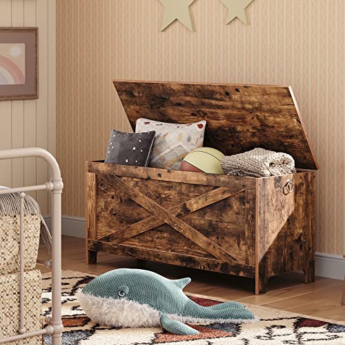 ALLOSWELL 39.4\" Storage Chest, Sturdy Entryway Storage Bench with Safety Hinges, Retro Shoe Bench, Wooden Look Accent Furniture for Living Room, Bedroom, Rustic Brown SCHR48101