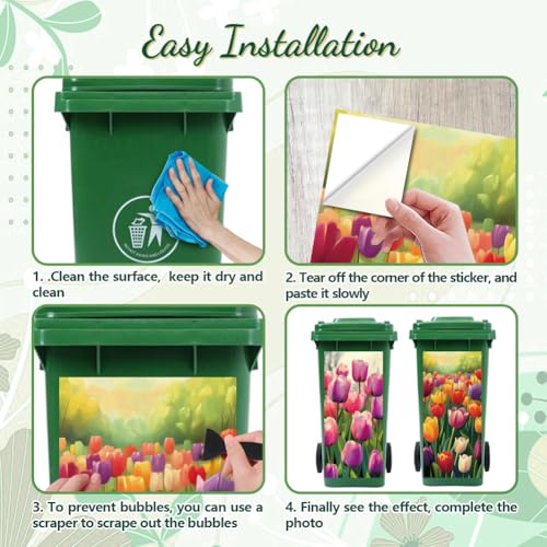 Image of Peacoblue Wheelie Bin Stickers 2 Sheets Tulips Sticky Dustbin Stickers Decals, 15 inch x 32 inch Waterproof Large Wraps for Trash Cans Bins Fridges Door Wall Garden Outdoor Indoor Patio Decor