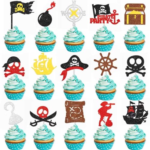 24pcs Glitter Pirate Theme Cupcake Toppers Pirate Party Decoration Nautical Sailing Cake Cupcake Picks for Pirate Themed Birthday Party Decorations Baby Shower Supplies