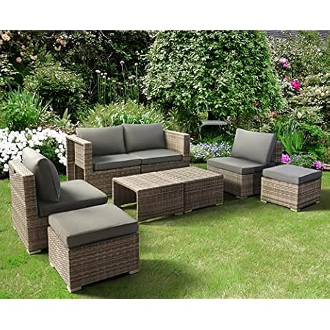8 PCS Outdoor Furniture Fully Assembled Patio Conversation Furniture Sets Wicker Rattan Outside Sectional Sofa Couch Space Saving Deep Seating with Back Cushion Ottoman Coffee Table - Grey Cover