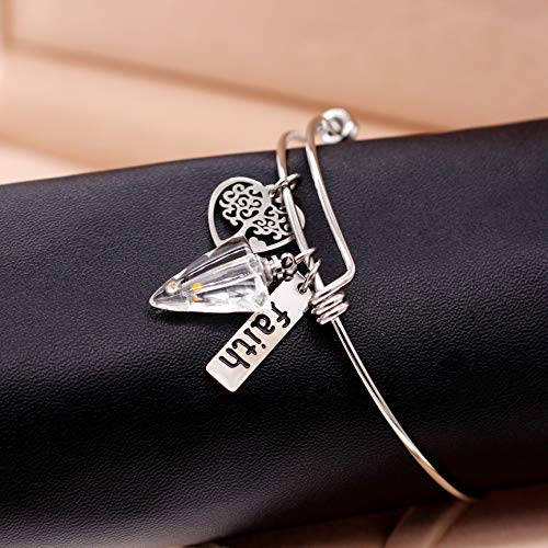 Image of Uloveido Mustard Seed Faith Tree Bangle Bracelet, Stainless Steel, with Glass Charm Bottle Case Y757