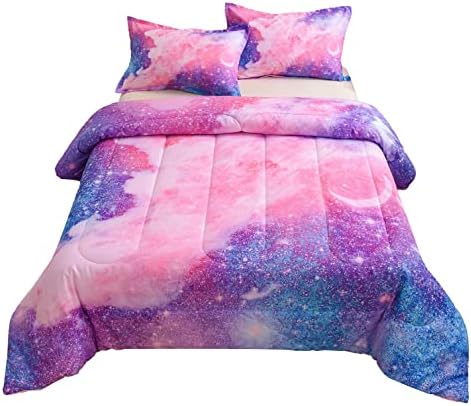 A Nice Night Galaxy Bedding Sets Outer Space Comforter 3D Printed Space Quilt Set Full Size Glitter Pink Color,for Children Boy Girl Teen Kids