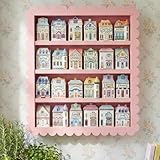 Chunful Vintage Spice Village Wooden Rack 22 x 17 x 4 Inches Pink 4-tier Display Shelf with Scalloped Edge for Wall Mounting Kitchen Storage Spice Village Display Rack for 24 Jars, Shelf Only