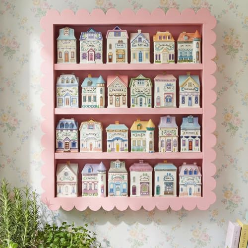 Chunful Vintage Spice Village Wooden Rack 22 x 17 x 4 Inches Pink 4-tier Display Shelf with Scalloped Edge for Wall Mounting Kitchen Storage Spice Village Display Rack for 24 Jars, Shelf Only