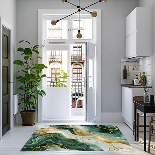 Tapis de salon moderne marbre vert émeraude 90x150 lavable en machine
