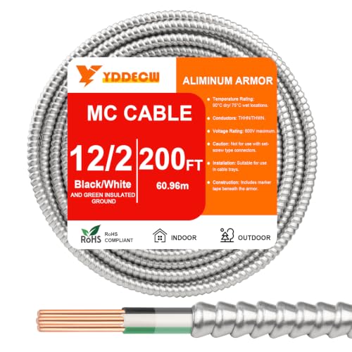 Image of 200FT 12 /2 Metal Clad (MC) Cable with Ground, 12 Gauge Electric Wire with Aluminum Armor, Solid Bare Copper Conductors for Indoor Outdoor Underground Embedded Installation (12 /2, 200 ft)