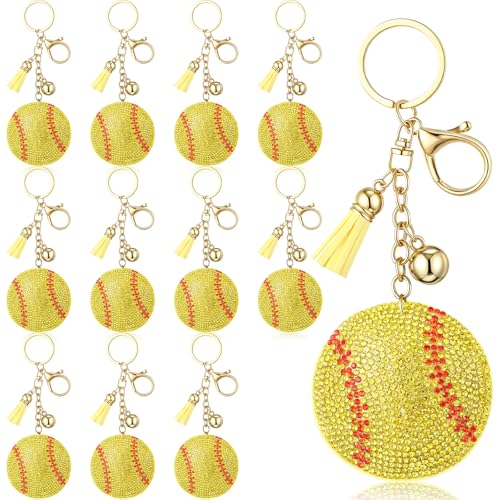 Nosiny 12 Pcs Rhinestone Keychains for Women Back to School Gift Bling Purse Charm Sport Key Ring Senior Night Party Handbag(Yellow Softball)