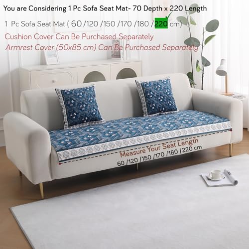 Image of HOKIPO 'LiefNest' Holland Velvet Sofa Cover Mat with Foam Filling for 1 /2 /3 Seater & L-Shape Sofa. Make Your Own Sofa Cover Set, Mat Size: 220(L) cm, Geometric Floral Oriental Blue (IN-826-D4)