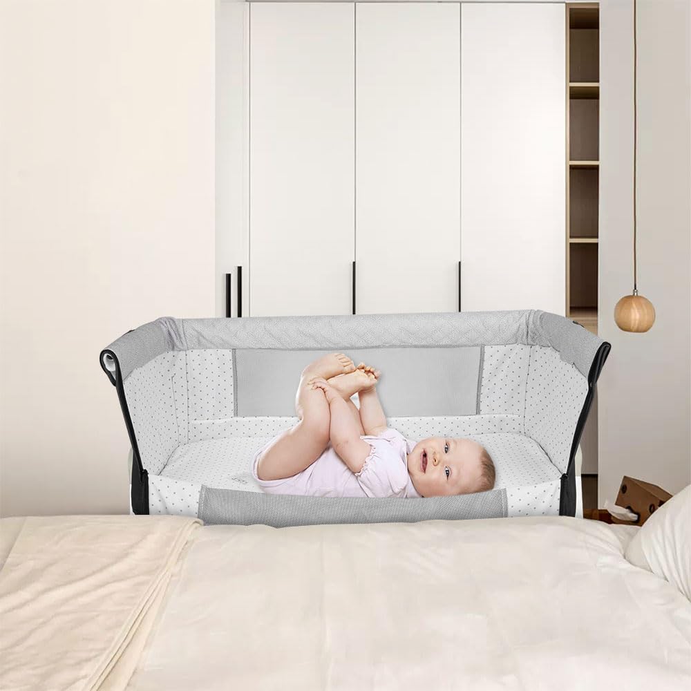 2 en 1 Berceau Cododo pour Bébé,Lit Cododo de Bébé avec Matelas et Moustiquaire 4 Roues,pour 1 à 36 Mois,Inclinaison&Hauteur Réglable, 95 * 50 * 98-110cm, Noir
