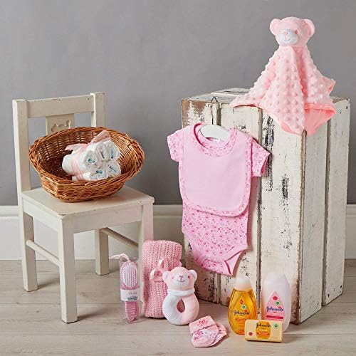 Baby Girl Gift Hamper Basket  This Hand Picked Baby Shower Bundle Includes a Bib, Comforter and Bodysuit with Soft Toy Rattle for The Newborn Girl