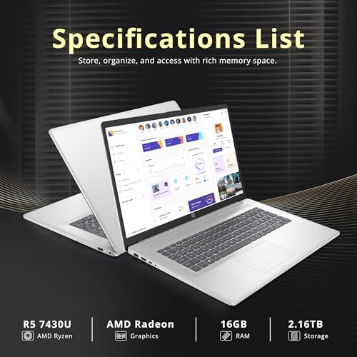 Image of HP 17.3 inch HD+ Touchscreen Laptop, AMD Ryzen 5 7430U, 16GB RAM, 2.16TB Storage (2TB SSD+160GB Docking Station Set), AMD Radeon Graphics, Numeric Keypad, Wi-Fi 6, HD Webcam, Windows 11 Home, Silver