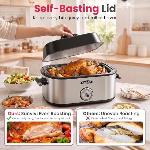 Sunvivi Electric Roaster Oven with Extra Large Visible Glass Lid, Upgraded 28QT Turkey Roaster with Self-Basting Lid, Defrost & Warm Function, Removable Pan & Rack, 150-450°F Adjustable Temp by SUNVIVI - Used condition - Image 3