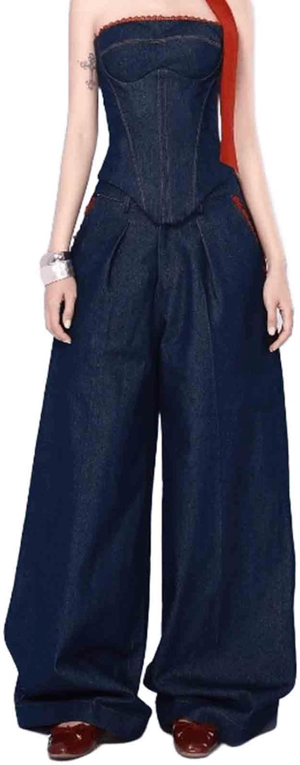Women's Personalized Denim Strapless Vest, Women's Loose Wide Leg Pants Set