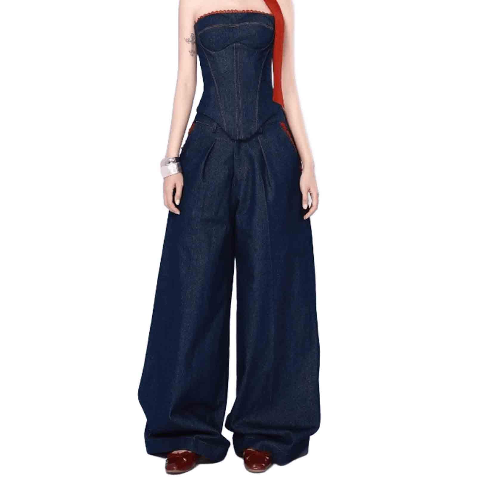 Womens personalized denim strapless vest Womens loose wide leg pants set