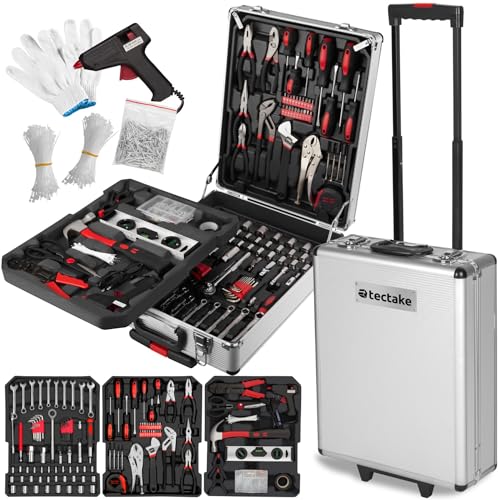 tectake® Werkzeug Set im Aluminium Koffer, Werkzeugkoffer gefüllt 799-tlg., Tool Werkzeugwagen fahrbar, Trolley mit 3 Ebenen und Teleskopgriff, Werkzeugkiste groß für Profi und Haushalt - silber