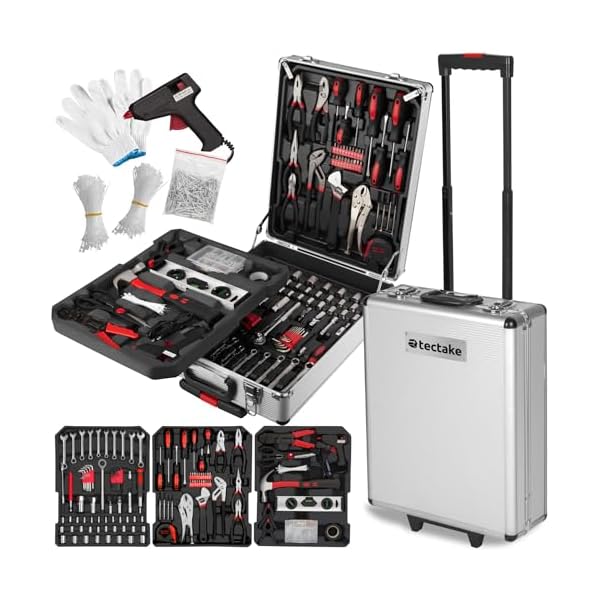 tectake® Werkzeug Set im Aluminium Koffer, Werkzeugkoffer gefüllt 799-tlg., Tool Werkzeugwagen fahrbar, Trolley mit 3 Ebenen und Teleskopgriff, Werkzeugkiste groß für Profi und Haushalt - silber