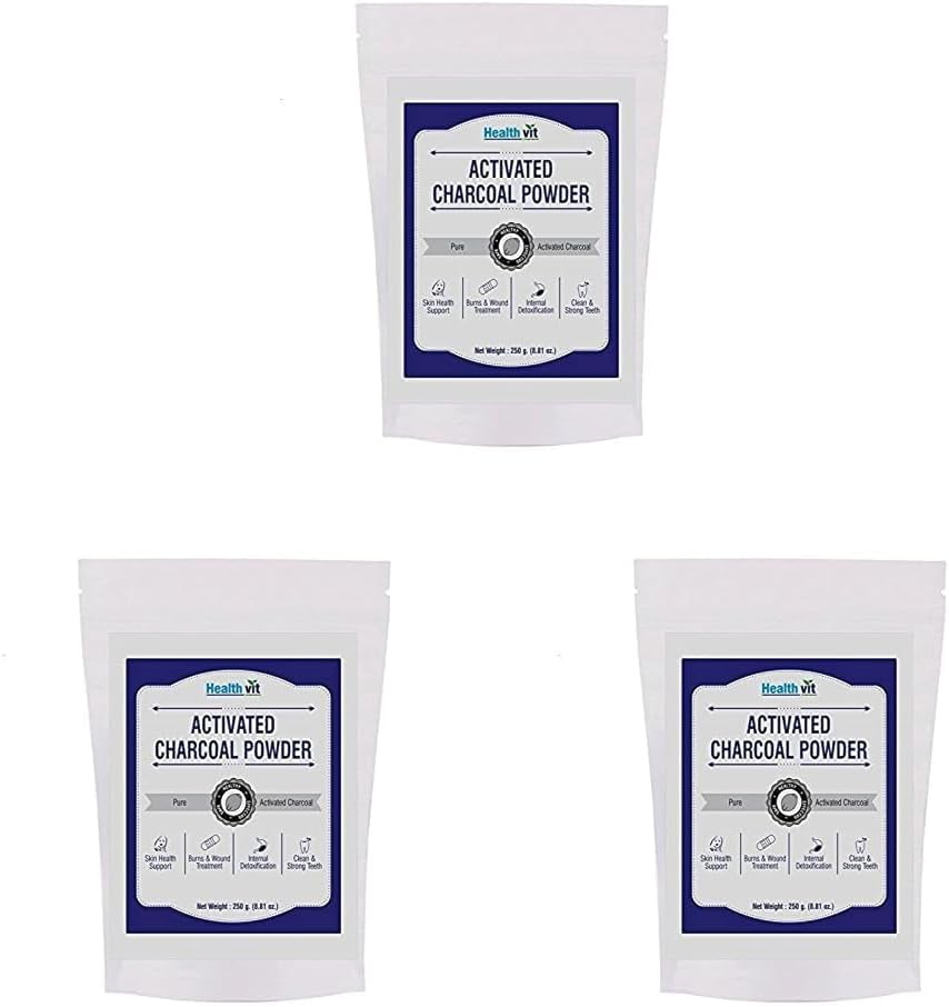 Healthvit Activated Charcoal Powder | Support Skin Health | Teeth Whitening Charcoal Powder | 100% Natural & Chemical Free | 250gm (Pack of 3)