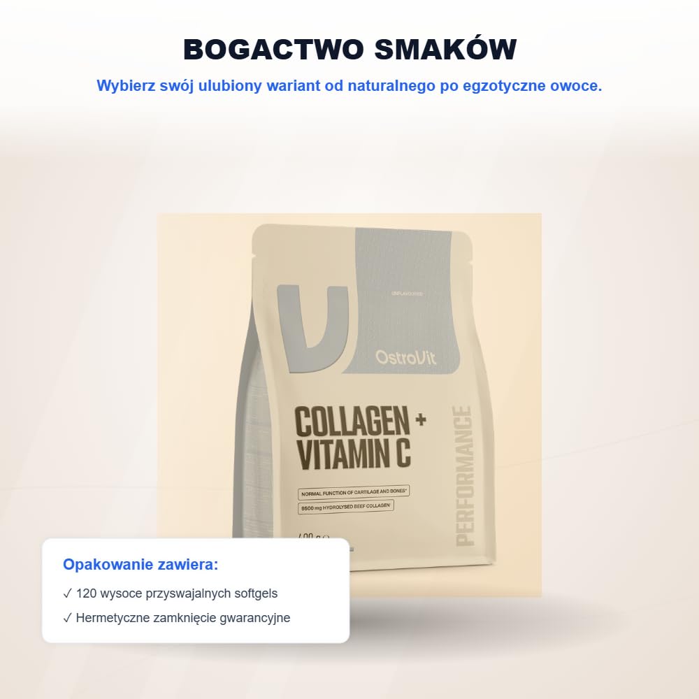 OstroVit Collagen + Vitamin C 400 g | Kolagen Hydrolizowany z Witaminą C | Wsparcie Stawów, Kości i Skóry | Suplement Diety w Proszku (naturalny)