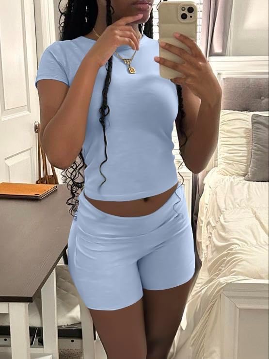 AYWA Women's Two Piece Sets Summer Slim Fitted Short Sleeve Tops Foldover Shorts Matching Lounge Sets - Image 3