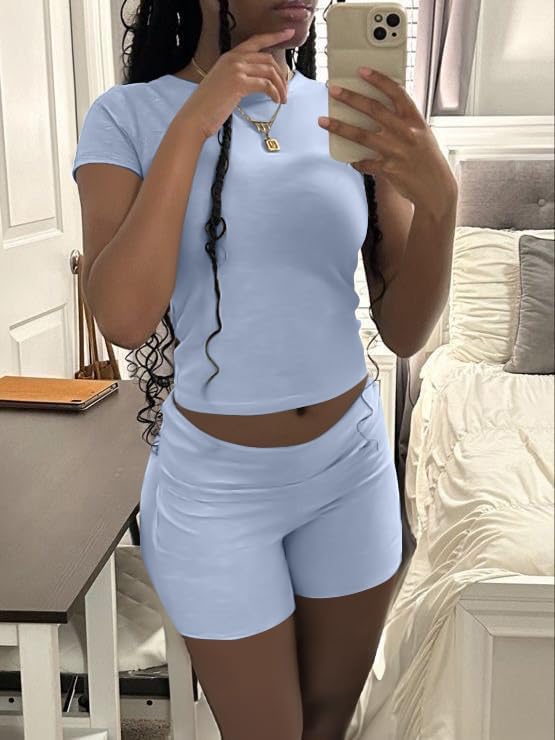 Image of AYWA Women's Two Piece Sets Summer Slim Fitted Short Sleeve Tops Foldover Shorts Matching Lounge Sets