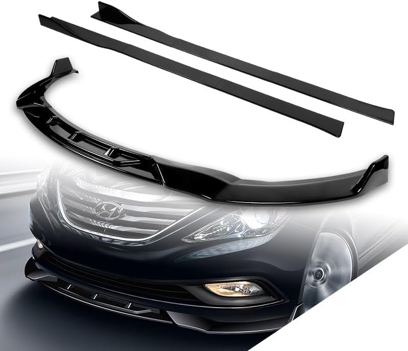 Stay-Tuned, 9PCS STP-Style ABS Front Bumper Lip Spoiler Body Kit + Universal 86" x 4" Side Skirts, Compatible with 2011-2014 Hyundai Sonata, Exterior Accessory (Painted Black)