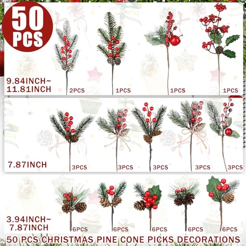Zeyune 50 Pieces Christmas Floral Picks Christmas Artificial Snowy Berry Picks Stems Small Faux Cedar Pine Needles Branche with Pinecones for Floral Arrangement Wreath Garland Greenery(Red) by Zeyune - Image 2