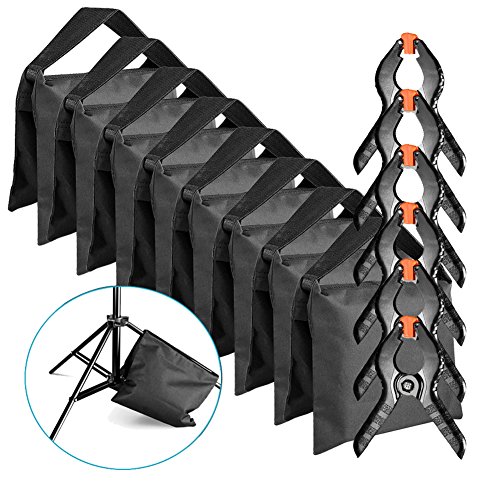 Neewer 8-Pack Sacs de Sable Robustes (Noir) pour Photo Studio Lampe Supports Boom Bras avec 6-Pack Pinces à Ressort Clips pour Toile de Fond en Mousseline (Sacs de Sable Vides)