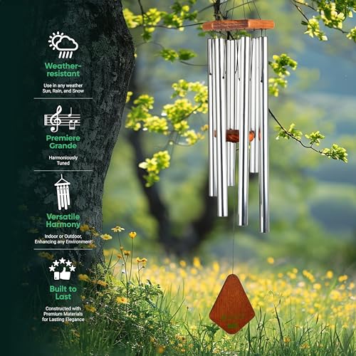 Nature's Melody Dzwonki wietrzne Premiere Grande Tunes – zewnętrzna dzwonka wietrzna z 6 rurkami dostrojonymi do skali pentatonicznej E, nierdzewne aluminium, drewno bukowe i wieszak z haczykiem S na