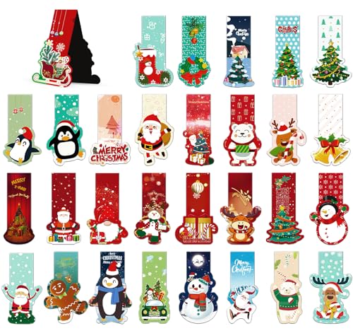Agoer Marcapáginas de Navidad 30 unidades, marcadores magnéticos para niños, coloridos, clips laterales, obsequios navideños, 30 patrones de Navidad diferentes para niños, estudiantes, profesores