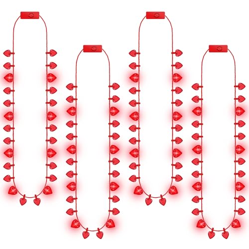 EOBOH 4PCS Valentines Necklace Gifts, 8 Light Red Heart Bulb
