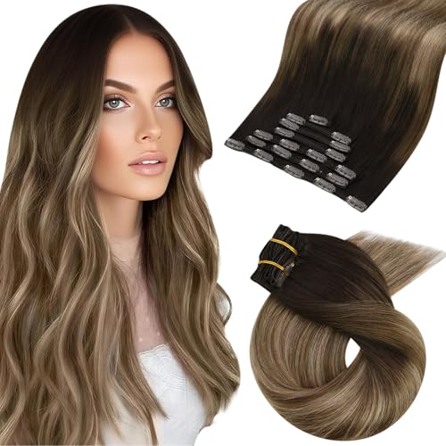 Moresoo Clip in Hair Extensions Real Human Hair Balayage Human