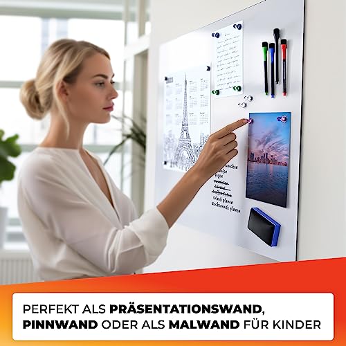 Whiteboard Folie 40x60cm - 3M Magnetfolie selbstklebend - Magnetische Tafelfolie abwischbar - Praktische Ferrofolie Weiß - Whiteboardfolie inkl. 4 Marker, Radiergummi und 4 Pins