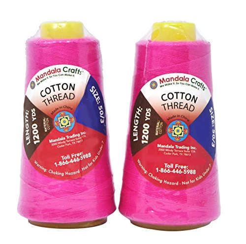 Image of Mandala Crafts Hot Pink Mercerized Cotton Thread Cones, Sewing Quilting | 2400 Yds 50 WT, 100% Long Staple Cotton, Multipurpose, for Embroidery, Piecing, Sergers, Applique, Machine and Hand Sewing