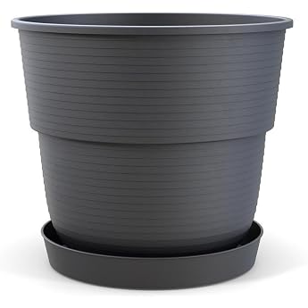 Plastard Milano Flower Pot Diameter 26 cm with Matching Saucer Colour Anthracite Planter Flower Pot for Garden Balcony Patio Plant Pot