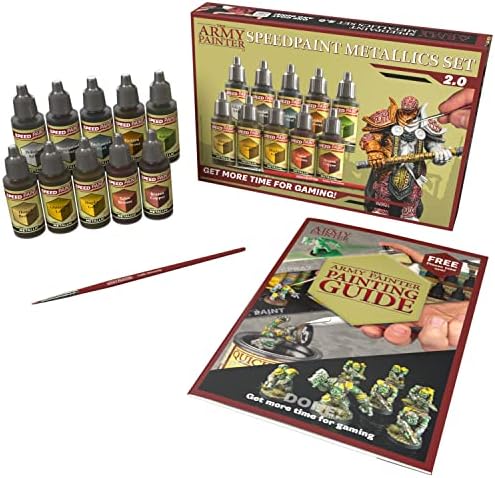 The Army Painter Speedpaint 2.0 Metallics Set Combo, 10 Bottles of Non Toxic Metal Contrast Acrylic Model Paint 18ml, 1 Free Speedpaint Brush and 1 Basecoating Brush for Miniature Fantasy Wargaming
