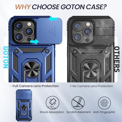 Goton for iPhone 15 Pro Case with Screen Protector - Slide Camera Cover Protective Phone Case with Ring Stand, Heavy Duty Shockproof Rugged Bumper for iPhone 15 Pro Accessories Blue