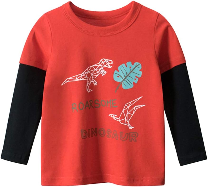 Toddler Boys Cotton Dinosaur T Shirt Kids 3 Pack Long Sleeve Shirts for 2-8 Years