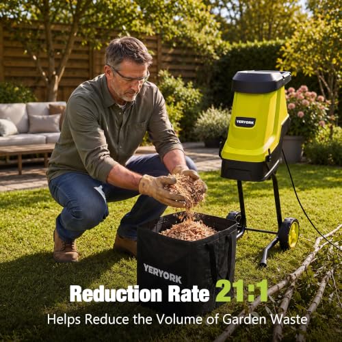 Image of 15-Amp Wood Chipper, 21:1 Reduction Electric Wood Chipper & Shredder, 1.8 inch Cutting Capacity with 48L Collection Bag, Powerful Mulcher for Composting Branches & Yard Waste(Fluorescent Green)