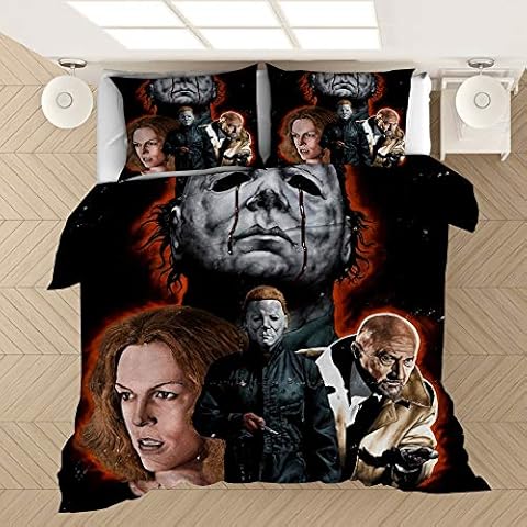 NICHIYOBI Michael Myers Duvet Cover Bedding Set - Halloween Duvet Cover and Two Pillowcases, Microfibre (01, Single 135 x 200 cm + 80 x 80 cm x 2) Cover