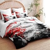 CCoutueChen Black Red Japanese Comforter Set King, Mount Fuji Asian Landscape Red Sun Soft Bedding Set, 3 PCS Cherry Blossom Spring Lightweight Microfiber Comforter(90' X 104')