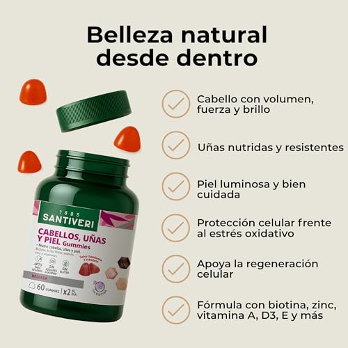 SANTIVERI - Cabellos, Uñas y Piel Gummies, Complemento Alimenticio a Base de Biotina, Vitaminas, Zinc y Selenio, que Contribuyen a Mantener el Estado del Cabello, Uñas y Piel - 60 Gominolas - imagen 3