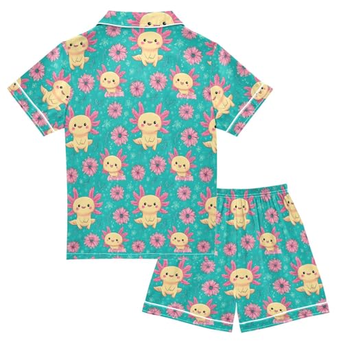 ALAZA Axolotl Flower Blossom Blue Satin Pajamas Set Short Sleeve Button Down Sleepwear Summer Pjs 2 Piece2