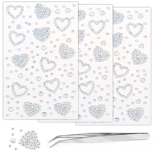 3Sheets Heart Star Gem Stickers Jewels for Crafts, Face Makeup - Self Adhesive Rhinestone Jewel Stickers, Stick on Gems Rhinestones for Crafts, Craft Supplies for Kids (Heart_Laser)