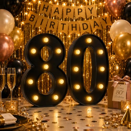 Image of 80 Light up Numbers Battery-Operated Light-Up for Party Black | 80th Birthday Decorations for Women Men Party Decoration 80th Birthday Gifts for Women