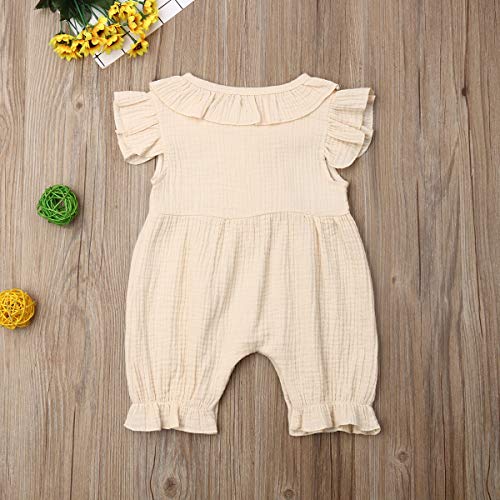 Xmasgifts Newborn Baby Girls Boys Jumpsuit Clothes Ruffle Sleeve Crew Neck Romper Solid Color One-Piece Bodysuit Summer Outfit (12-18M, Beige) #TOP3